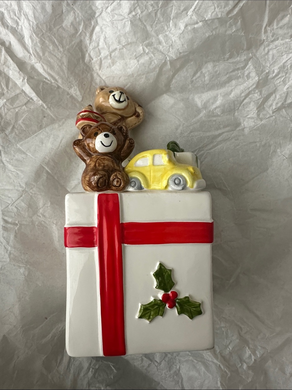 Ceramic Christmas Present Figurine with Teddy & Yellow Car